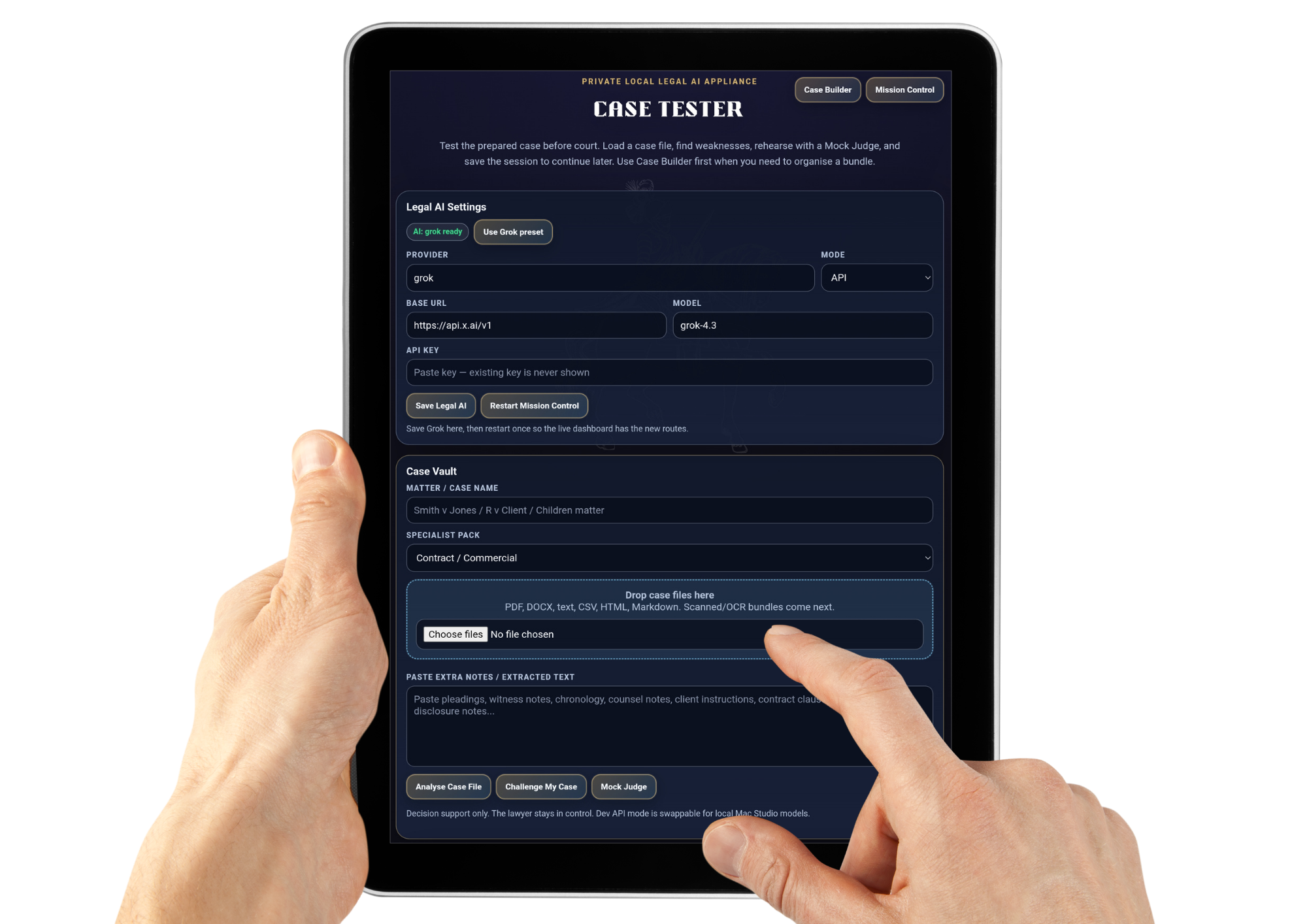 Case Tester dashboard showing Summary, Chronology, Weaknesses and Mock Courtroom